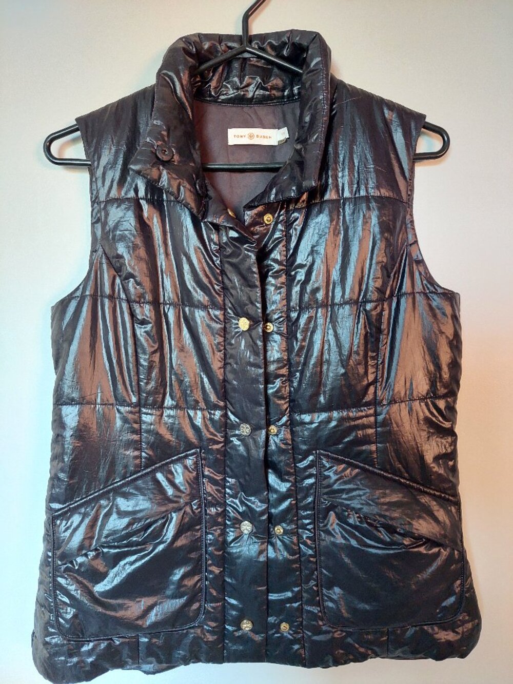 Tory Burch Quilted Puffer Vest with Gold Logo Snap Buttons Sz S Black